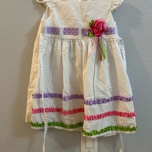 Adorable White Kids Dress with Purple and Pink Accents